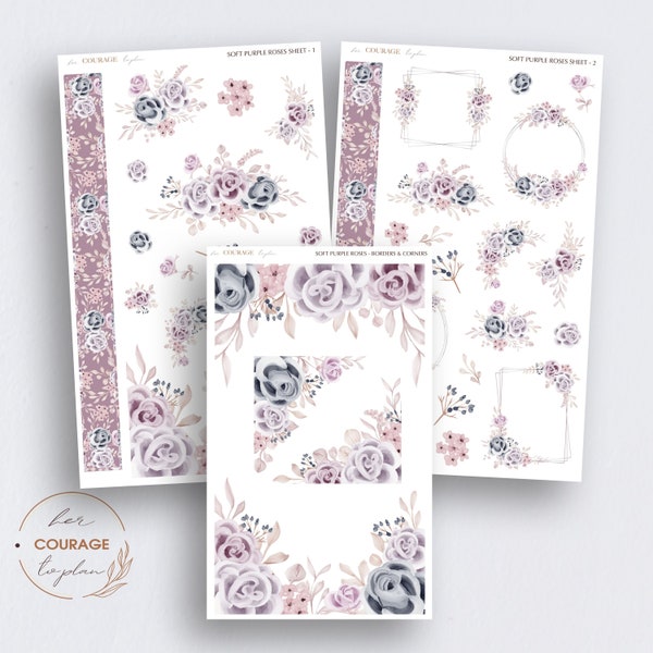 Floral Journal Stickers, SOFT PURPLE ROSES Planner Stickers, Winter Purple Roses, Bullet Journal Planners, Transparent Clear or White Matte
