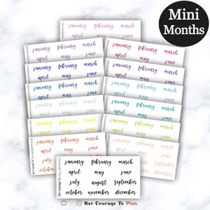 May include: A set of colorful stickers with the months of the year written in a handwritten font. The stickers are arranged in rows and columns on a white background. The text "Mini Months" is written in a larger font at the top of the image.