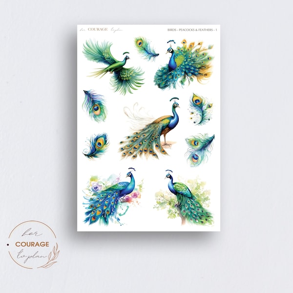 Birds Journal Planner Stickers, PEACOCKS FEATHERS v1, Peafowl Peacock Birds and Peacock Feathers Deco Stickers for Bullet Journals Planners