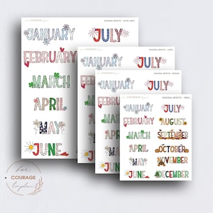 Themed Months of the Year, Months Headers, Monthly Title Stickers, Cute Holiday Seasons, Transparent Clear or Matte Stickers for BUJO