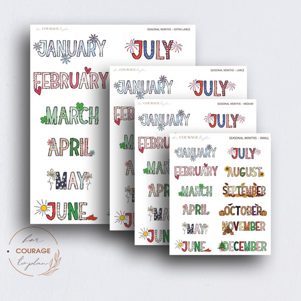 Themed Months of the Year, Months Headers, Monthly Title Stickers, Cute Holiday Seasons, Transparent Clear or Matte Stickers for BUJO