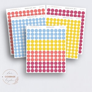 May include: Four sheets of sticker paper with a grid of colorful circles. The sheets are labeled "Rising Sun" and "Tiny Dots". The colors are red, yellow, blue, and pink.