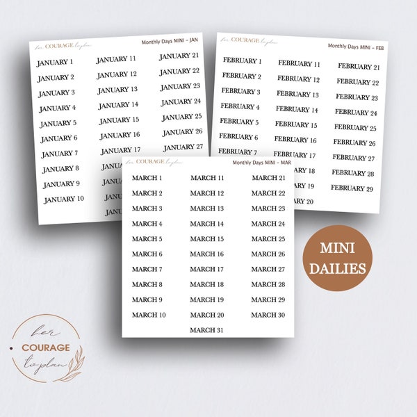 DAILIES Date Script Stickers, MINI SIZE Small Monthly Dailies Scripts, 1 - 31 Days (varies by month) for Bullet Journals and Planners