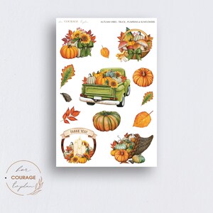 May include: A set of 10 fall-themed stickers featuring pumpkins, sunflowers, a truck, a cornucopia, and a wreath with candles. The stickers are printed on white paper and have a watercolor-like style.