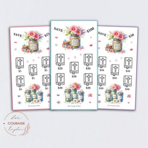 May include: Three printable sticker sheets with a floral design and a bible theme. The stickers feature a jar with flowers and the words "Faith Hope Love" and a bible with a cross. The stickers are available in three different price points: $25, $50, and $100. The text "Her Courage To Plan" is at the bottom of each sheet.