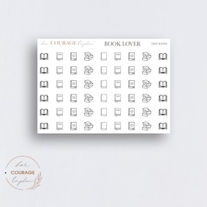 May include: A sheet of stickers with various book-themed icons. The icons include open books, closed books, and stacks of books. The stickers are white with black outlines. The text "BOOK LOVER" and "TINY ICONS" is printed at the top of the sheet.