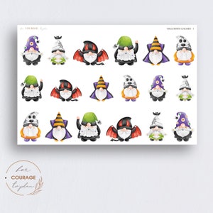 May include: A sheet of 16 Halloween gnome stickers. The gnomes are dressed in various costumes, including a vampire, a witch, a ghost, and a skeleton. The stickers are perfect for adding a touch of whimsy to your Halloween decorations.