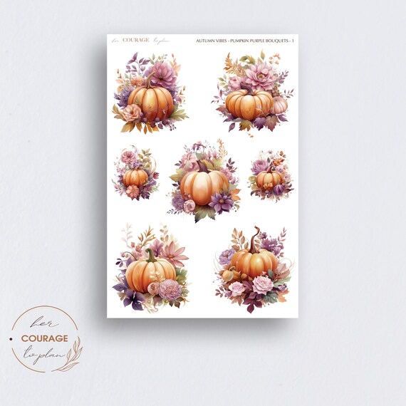 Autumn Vibes Journal Planner Stickers, PUMPKIN PURPLE BOUQUETS v1, Fall Pumpkin Purple Flowers Deco Stickers for Bullet Journals Planners