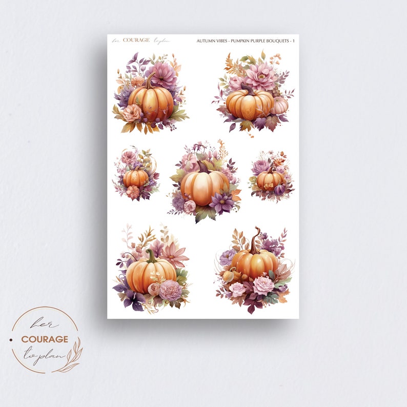 May include: A white sheet featuring watercolor illustrations of pumpkins surrounded by purple and pink flowers. The pumpkins are orange, and the floral arrangements have a fall theme. Text at the top reads "AUTUMN VIBES - PUMPKIN PURPLE BOUQUETS - 1".