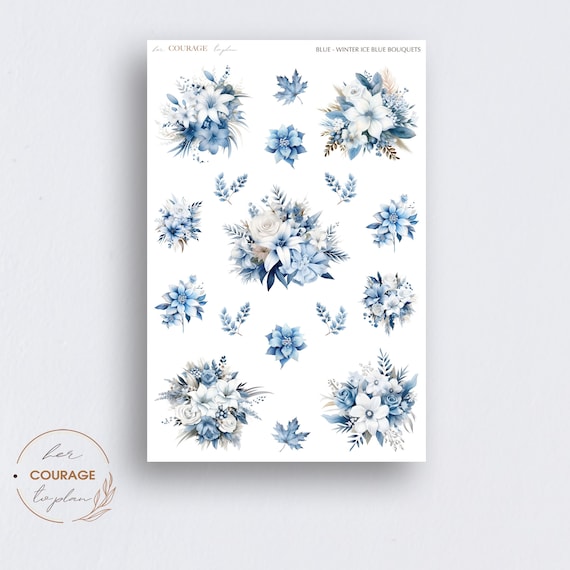 Blue Florals Journal Planner Stickers, WINTER ICE BLUE Bouquets, Blue Flowers Floral Bouquets Deco Stickers for Bullet Journals Planners