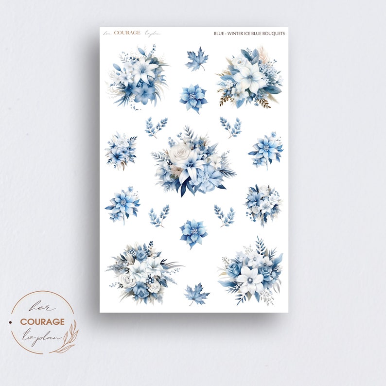 May include: A sheet of blue and white watercolor floral stickers. The stickers feature bouquets of blue and white flowers, leaves, and branches. The text "BLUE - WINTER ICE BLUE BOUQUETS" is printed at the top of the sheet.