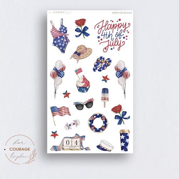 4th of July Journal Stickers, Happy 4th of July Deco Stickers for Bullet Journal Planners, Transparent Clear, White Matte