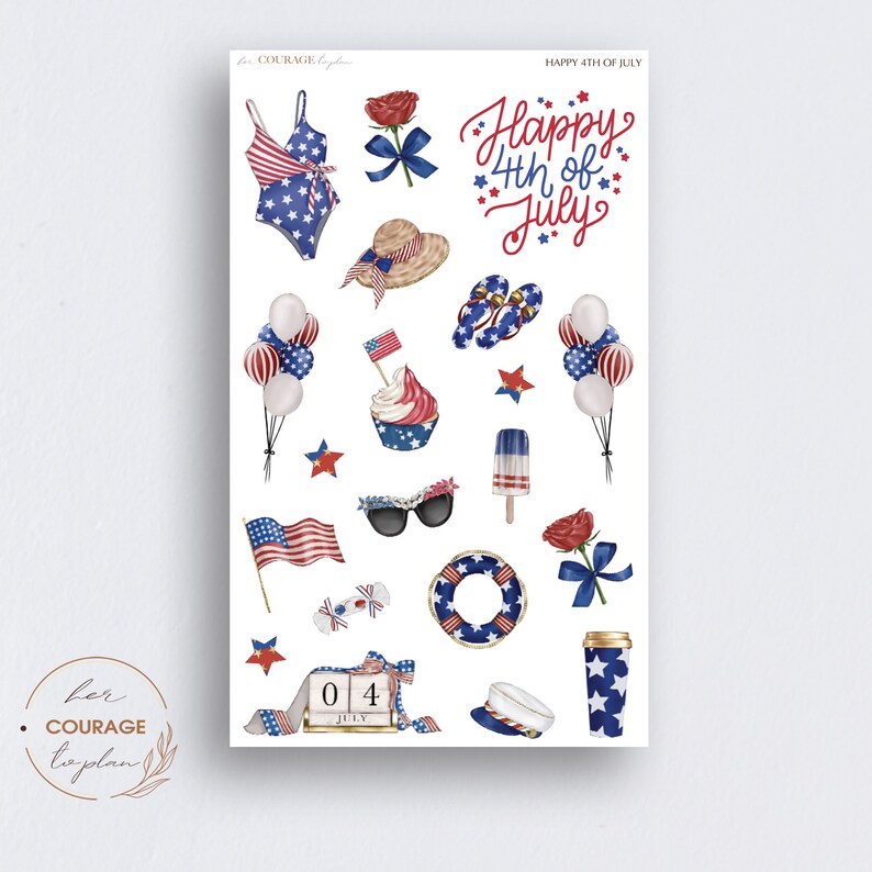 May include: A set of 16 4th of July themed stickers featuring red, white, and blue stars, balloons, a cupcake, sunglasses, a life preserver, a coffee cup, a swimsuit, a hat, flip flops, a calendar, a boat, and a rose.