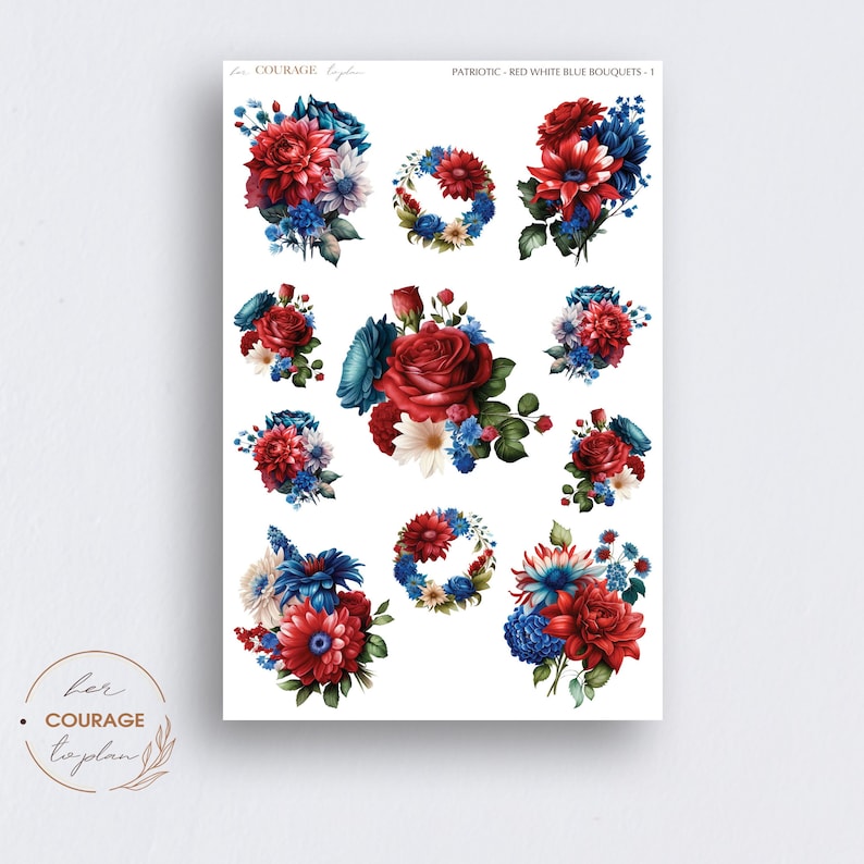 May include: Twelve digital clipart images of red, white, and blue floral bouquets and wreaths. The text "PATRIOTIC - RED WHITE BLUE BOUQUETS - 1" is at the top of the image.