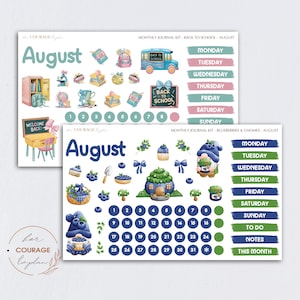 May include: A set of two August monthly planner sticker sheets. The first sheet features a back to school theme with a school bus, backpacks, and books. The second sheet features a blueberry and gnome theme with a gnome holding a basket of blueberries, a blueberry cupcake, and a small house with a green roof. Both sheets include a calendar with the numbers 1 through 31.
