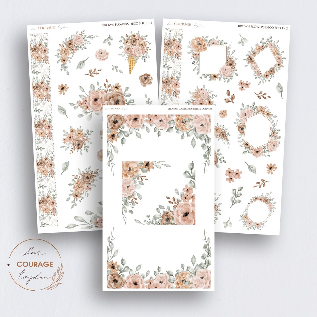 Floral Journal Stickers, BROWN FLOWERS Planner Deco Stickers, Fall ...