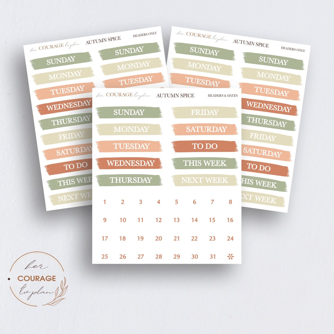 Weekly Date Covers Planner Stickers, Set of 3 AUTUMN SPICE Days of the ...