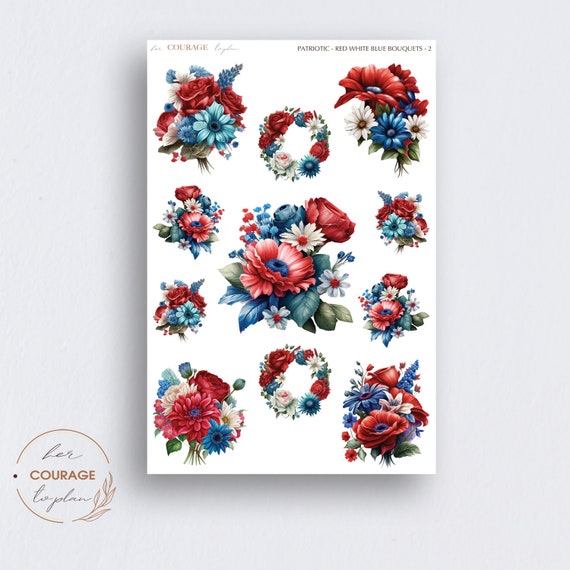 Patriotic Florals Journal Planner Stickers, RED WHITE BLUE Bouquets v2, Roses Floral Bouquets Deco Stickers for Bullet Journals Planners