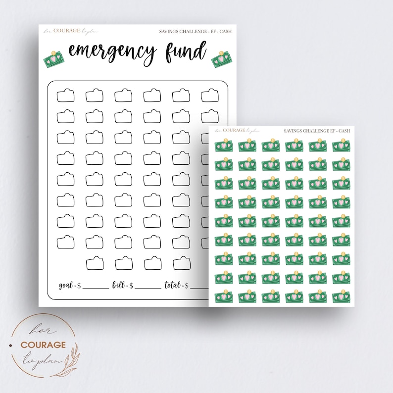 May include: A printable savings challenge tracker with a green and gold cash stack illustration. The tracker has 60 squares to color in as you save money. The text "emergency fund" is at the top of the page.