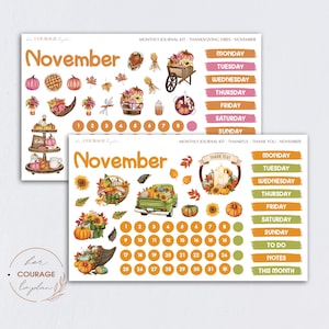 May include: A set of printable stickers for a November monthly planner. The stickers feature a Thanksgiving theme with pumpkins, cornucopias, fall leaves, and a truck full of pumpkins. The stickers also include a calendar grid, days of the week, and the words "Thank You!" and "This Month".