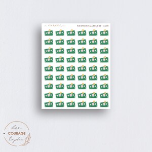 May include: A sheet of 50 green and gold money stack stickers with pink hearts. The stickers say "Savings Challenge EF - Cash" at the top.