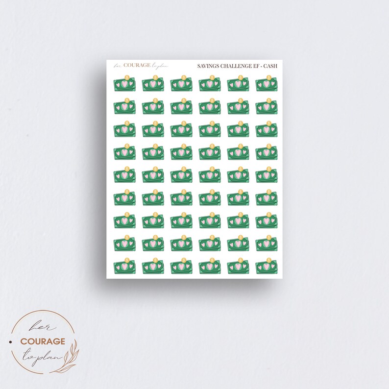 May include: A sheet of 50 green and gold money stack stickers with pink hearts. The stickers say "Savings Challenge EF - Cash" at the top.
