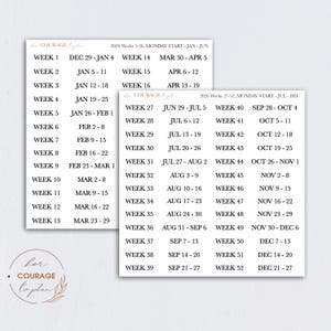 May include: Two rectangular planner sticker sheets with black text. The sheets list weeks 1-52 of 2026, with dates for each week. The text includes the words "COURAGE" and "to plan".