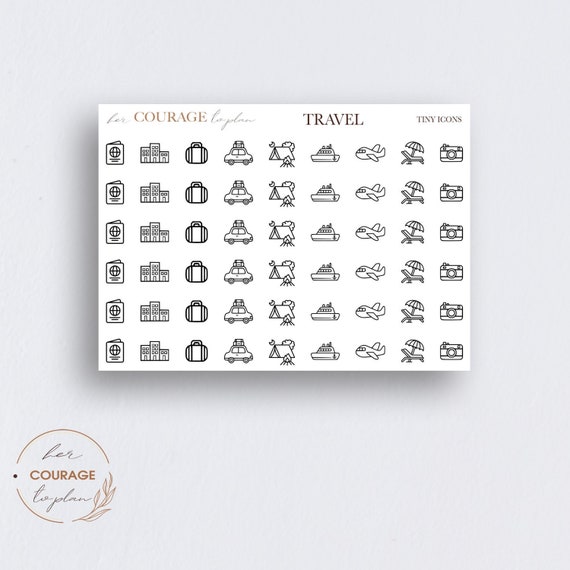 TEENY TINY Planner Icon Stickers, TRAVEL Icon Stickers, Mini Teeny Tiny Passport Hotel Luggage Car Airplane Mix, Transparent Clear, Matte