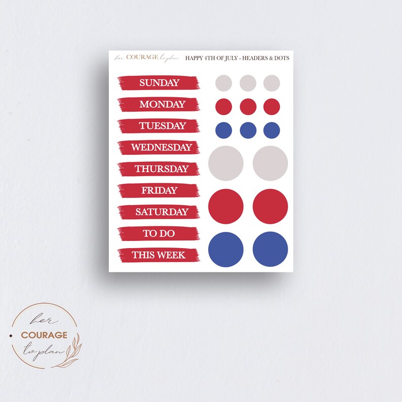 May include: A set of 12 planner stickers featuring red, white, and blue colors. The stickers include the days of the week, "To Do", and "This Week" in white text. There are also red, white, and blue circles.