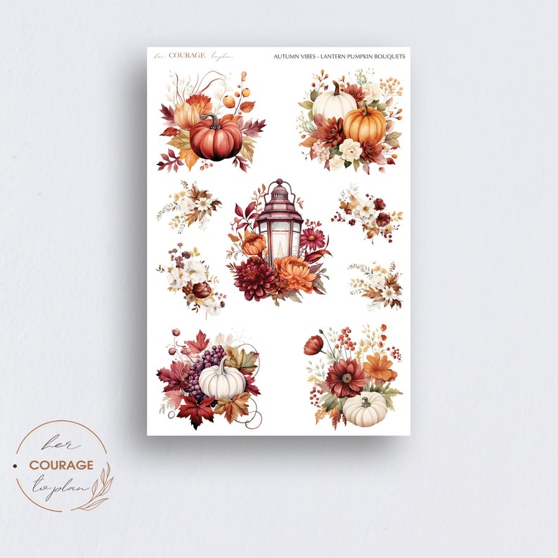 May include: A set of eight autumn-themed digital stickers featuring pumpkins, lanterns, and floral arrangements in shades of orange, red, and white. The stickers are perfect for adding a touch of fall to your planner, journal, or other craft projects.
