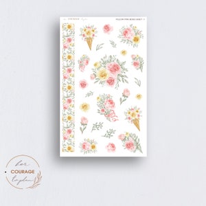 Floral Journal Stickers, YELLOW PINK Roses Stickers, Spring Yellow Pink ...