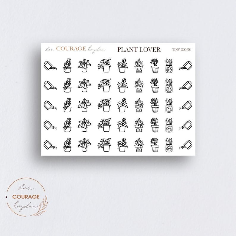 May include: A sheet of stickers with black and white illustrations of potted plants and watering cans. The text "PLANT LOVER TINY ICONS" is at the top of the sheet.