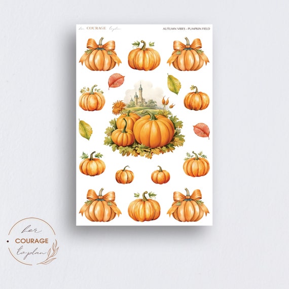 Autumn Vibes Journal Planner Stickers, PUMPKIN FIELD, Fall Vibes Bow Pumpkins Deco Stickers for Bullet Journals Planners