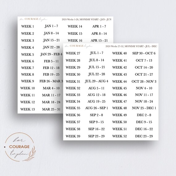 2024 Weeks of the Year Stickers MONDAY START for Planners and