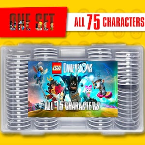 May include: A clear plastic case containing multiple stacks of silver-colored discs. The case features a colorful graphic with the text "LEGO Dimensions" and "ALL 75 CHARACTERS". A red banner at the top reads "ONE SET". The background is yellow.