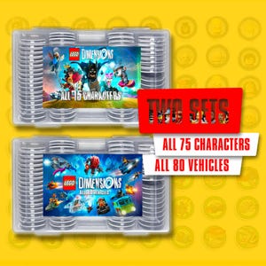 May include: Two clear plastic storage cases containing LEGO Dimensions game pieces. The top case features a label with the text LEGO DIMENSIONS ALL 75 CHARACTERS. The bottom case features a label with the text LEGO DIMENSIONS ALL 80 VEHICLES.