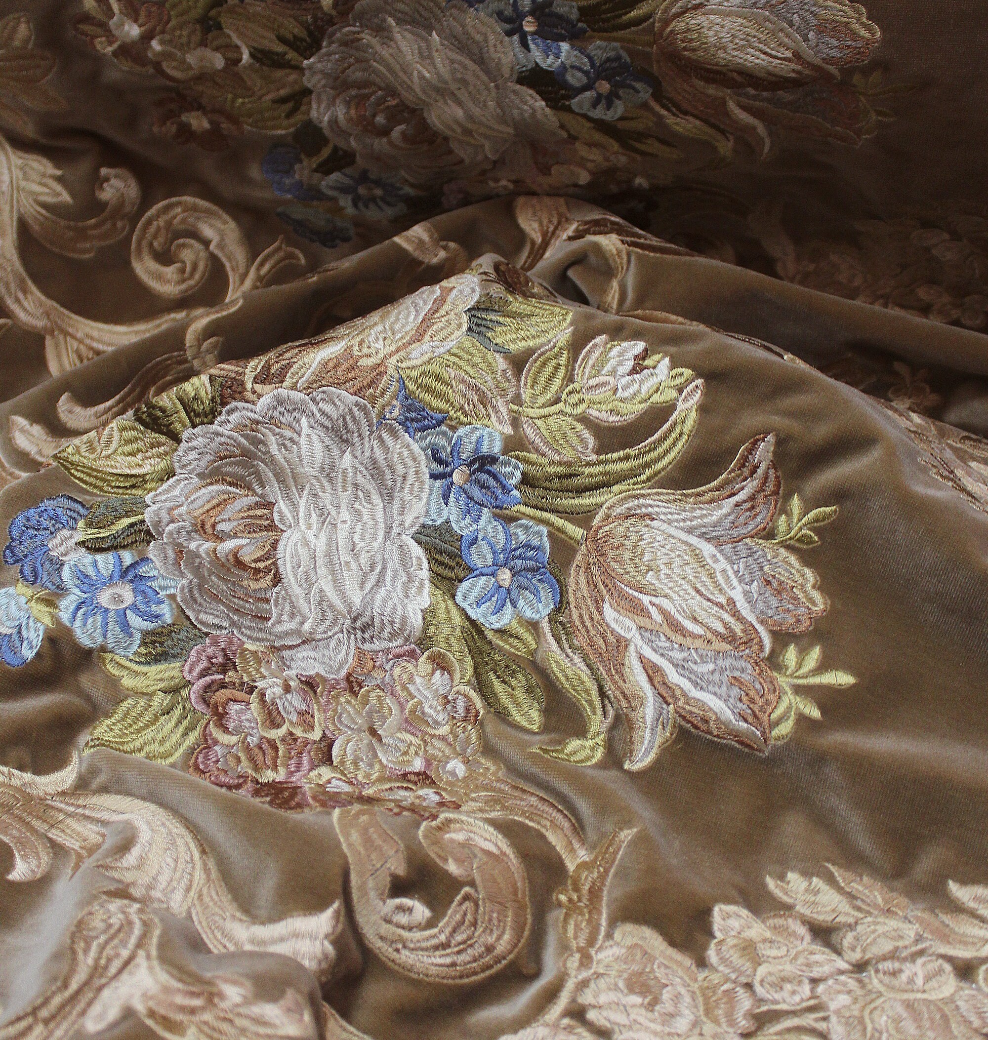 Embroidery Velvet Upholstery Fabric Aubusson Rose Bouquet Etsy Canada