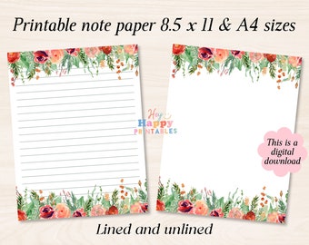 Flower Printable stationary, printable note paper, printable lined note paper, printable writing paper,  digital note paper, letter paper
