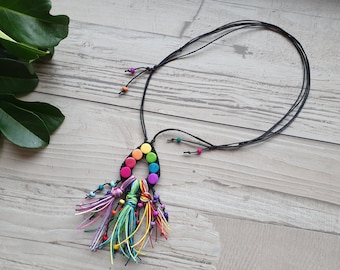 colorful necklace, colorful pendant, colorful jewelry, statement necklace, unique necklace, cord necklace, braided necklace, rainbow pendant