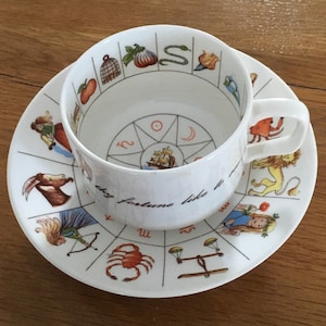 Tazza con piattino per la lettura del futuro Delphine, vintage anni '70, foglia di tè, oroscopo e zodiaco in porcellana Bone China, realizzata nello Staffordshire, Inghilterra. Tazza con astrologia.