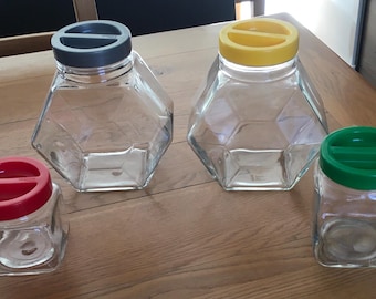Vintage Retro Borgonovo Italian Original Clear Glass Coloured Top Lid Pasta Flour Grains All-purpose Storage Jars 1970s Kitsch Kitchenalia
