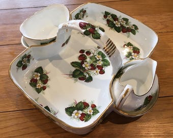 Hammersley Strawberry Ripe Porcelain Berry Basket with Creamer & Sugar Bowl