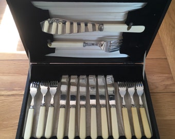 Vintage Boxed 14 piece Canteen of Fish Knife & Fork Serving Set and 6 Person Cutlery set
