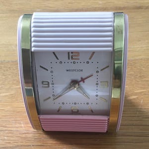 Working Vintage Mid-century Westclox Canada Bedside Travel Alarm Clock in Pink Art Deco Tambour Roll Front Travel Clock 1950s Marilyn Monroe