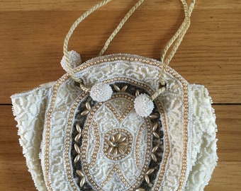 Vintage Beaded Evening Bag, Ivory, Gold & Black Clutch with Mirror