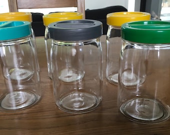 Vintage Retro Borgonovo Italian Original Clear Glass Coloured Plastic Top Lid Round All-purpose Storage Jars 1980’s Kitchenalia Kitsch