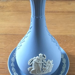 Vintage Wedgwood Jasperware Bud Vase and Saucer, Sleeping Cupid and Muses, Pale Blue