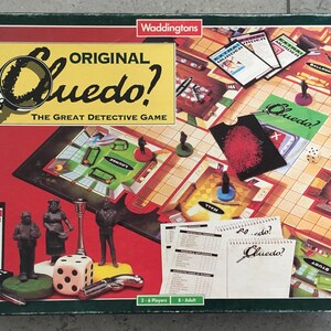 May include: A vintage board game box for "Original Clue?" featuring a game board, character figurines, dice, and cards. The box is red and green with the game title and a magnifying glass graphic.