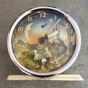 Mid-century RARE Collectible 1950’s Vintage Animated Westclox Fairytale Land Elves Moon Children’s Mechanical Wind Up Alarm Clock