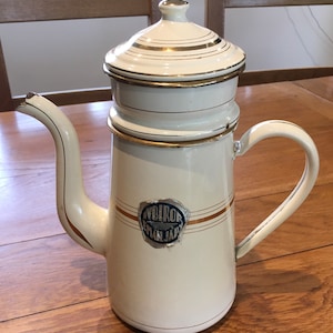 Vintage Français crème et or émaillé cafetière filtre cafetière percolateur poêle haut autocollant de marque